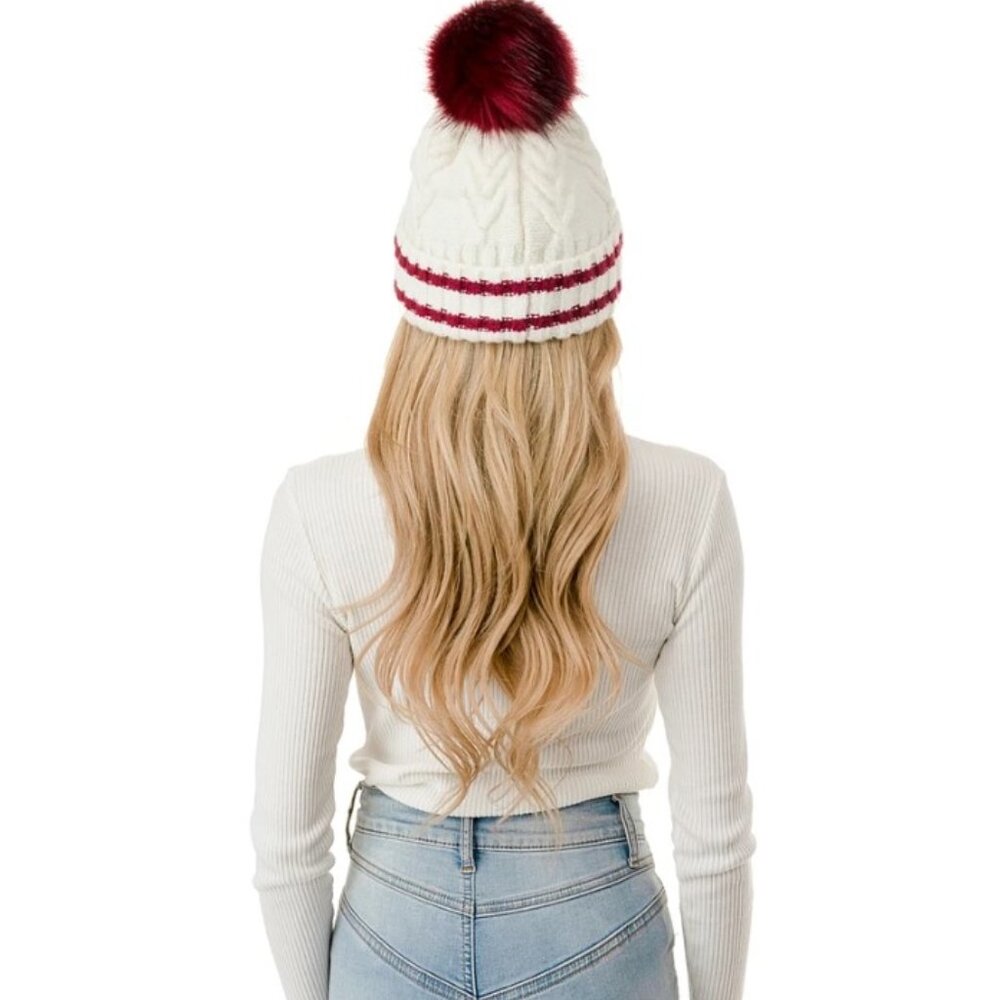🔥Marcus Adler Cozy & Stylish Knit Pom Varsity Beanie White w/ Burgundy Pom NWT - Picture 2 of 4